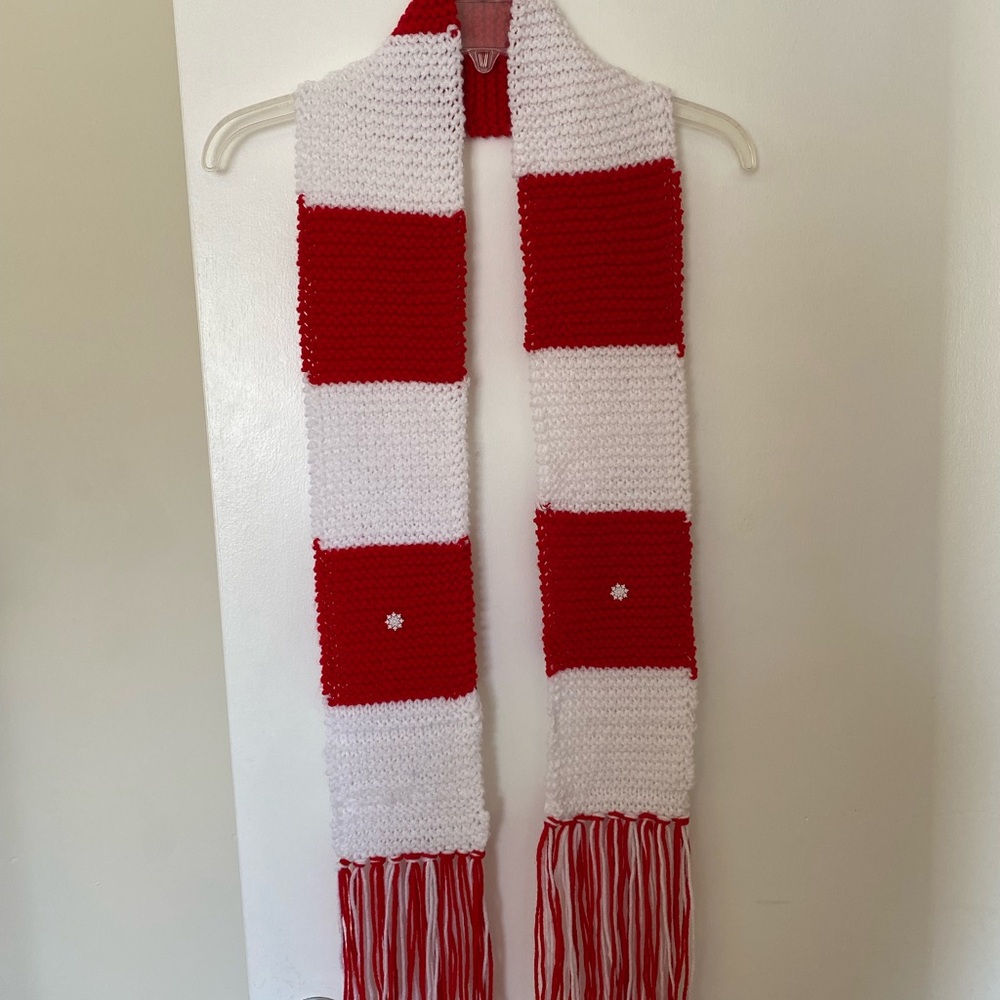 Red and White Handknit Scarf with Snowflake Detail
